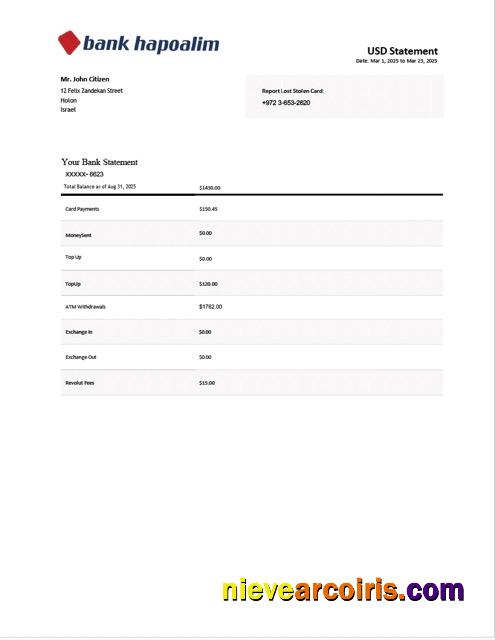 Israel Bank Hapoalim bank statement Word and PDF